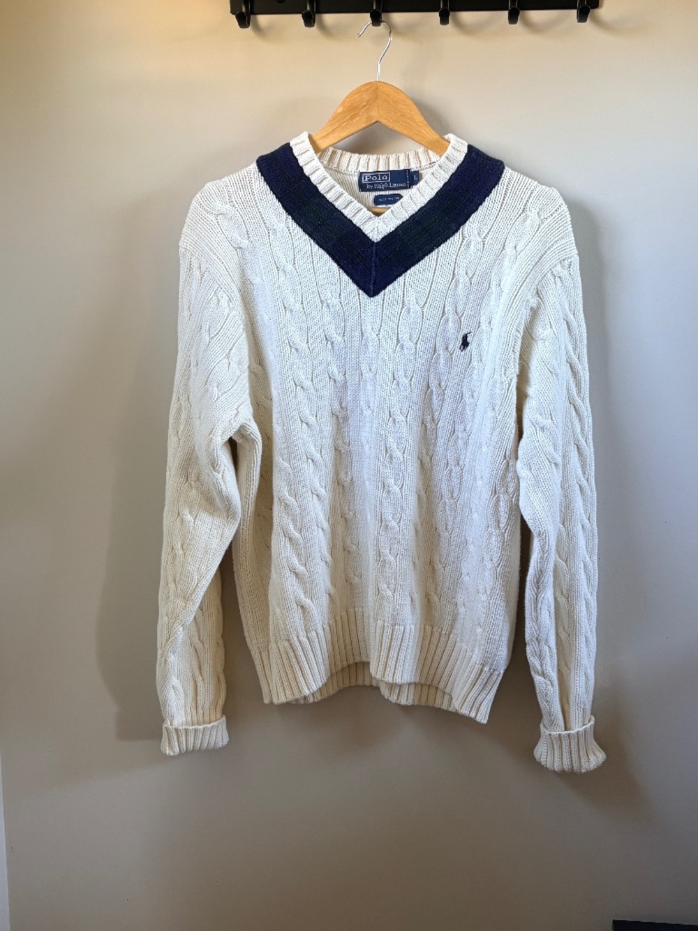 Polo Ralph Lauren Varsity V Neck Cream Cable Knit Sweater L